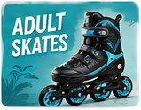 Man and woman riding inline skates, smiling at each other, on white background