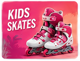 Boy and girl riding inline skates, smiling at each other, on white background