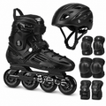 Black Beta-brand inline skate with matching helmet, elbow pads, knee pads and wrist guards on a white background