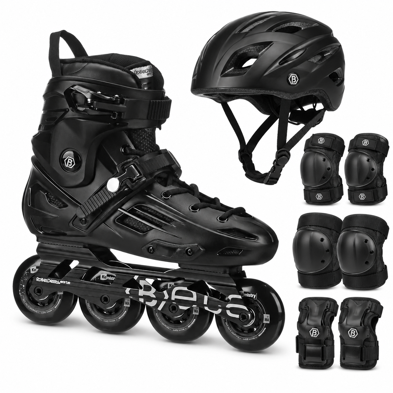 Black Beta-brand inline skate with matching helmet, elbow pads, knee pads and wrist guards on a white background