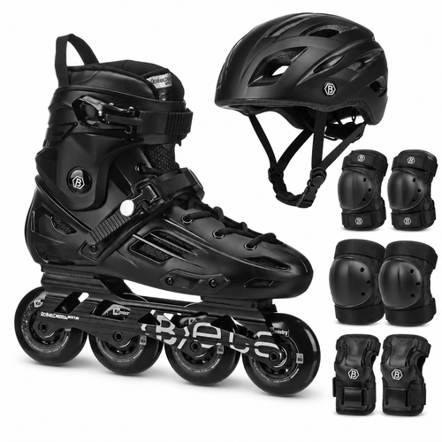 Black Beta-brand inline skate with matching helmet, elbow pads, knee pads and wrist guards on a white background