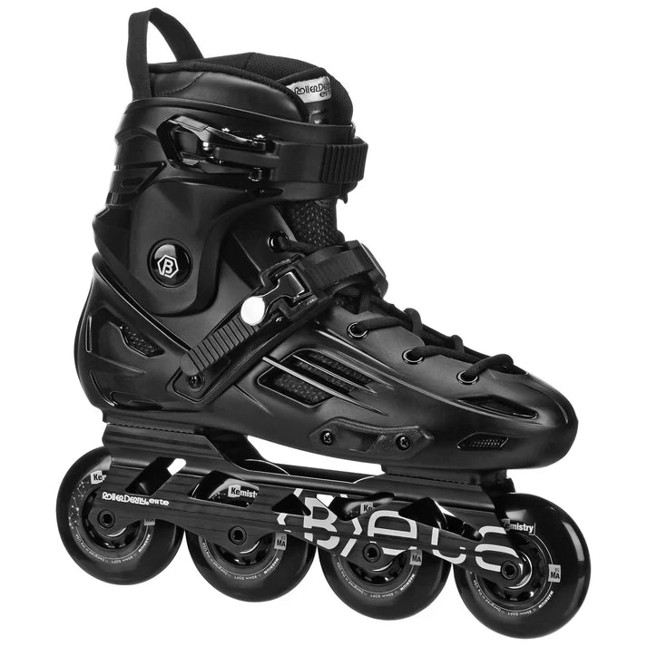 Black inline skate with "Beta" written near the wheels and Beta's logo on the side (a "B" with a hexagon around it) on white background