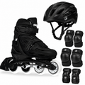 Black Crazy Skates-brand inline skate with matching helmet, elbow pads, knee pads and wrist guards on a white background