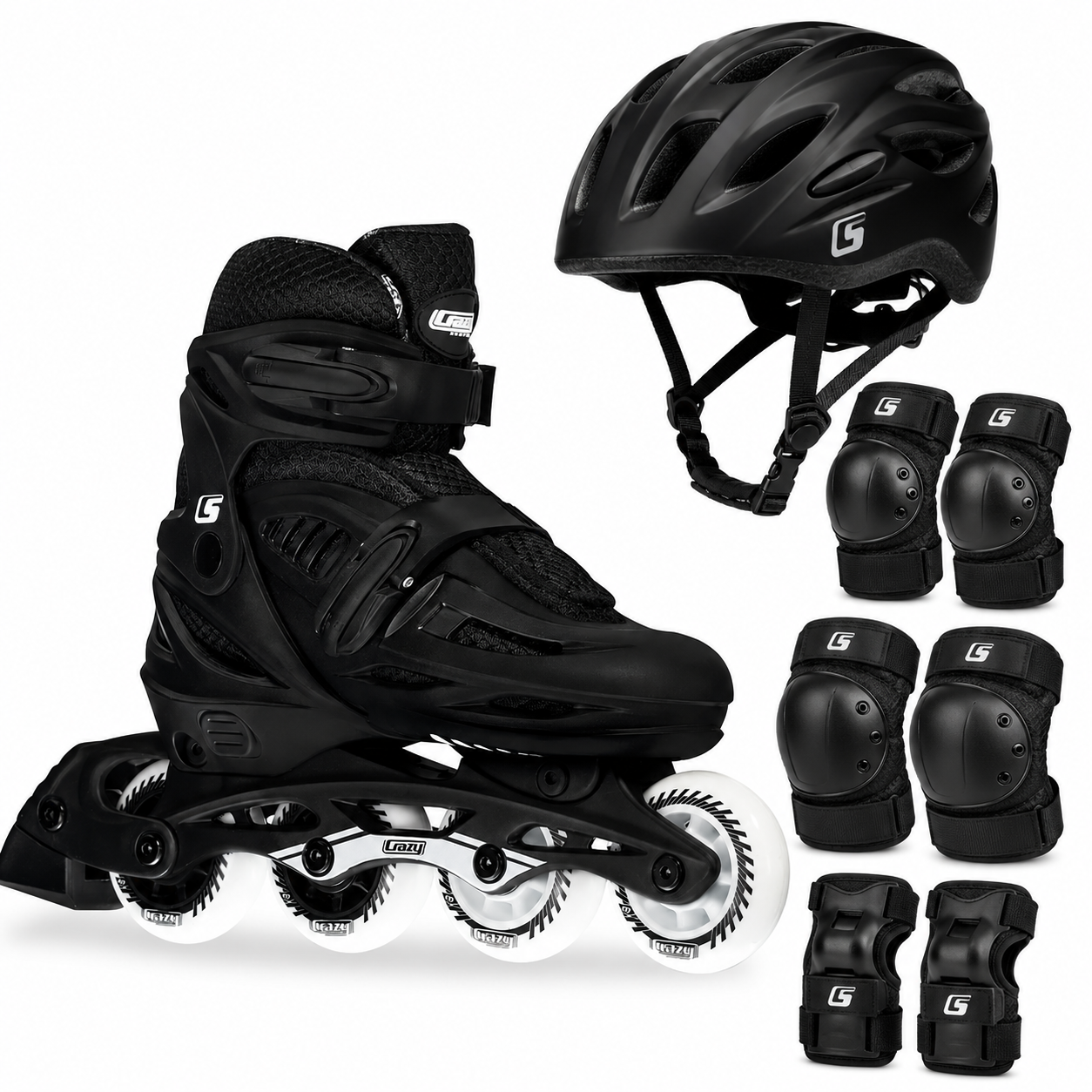 Black Crazy Skates-brand inline skate with matching helmet, elbow pads, knee pads and wrist guards on a white background