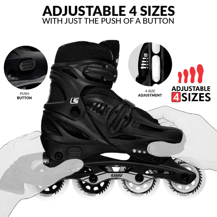 Black adjustable Crazy Skates-brand inline skate with illustrations of the size adjustment mechanism, and transparent hands showing how to adjust the skate, on a white background. The image is titled "ADJUSTABLE SIZES WITH JUST THE PUSH OF A BUTTON".