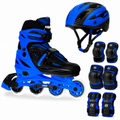 Blue and black Crazy Skates-brand inline skate with matching helmet, elbow pads, knee pads and wrist guards on a white background