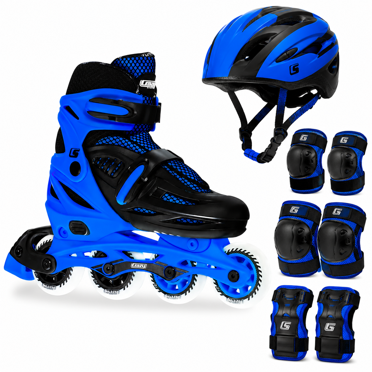 Blue and black Crazy Skates-brand inline skate with matching helmet, elbow pads, knee pads and wrist guards on a white background