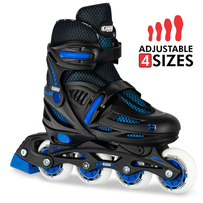 Black and blue adjustable Crazy Skates-brand inline skate with white wheels on a white background