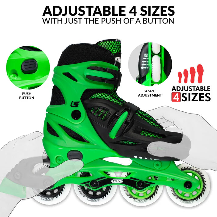 Green adjustable Crazy Skates-brand inline skate with illustrations of the size adjustment mechanism, and transparent hands showing how to adjust the skate, on a white background. The image is titled "ADJUSTABLE SIZES WITH JUST THE PUSH OF A BUTTON".