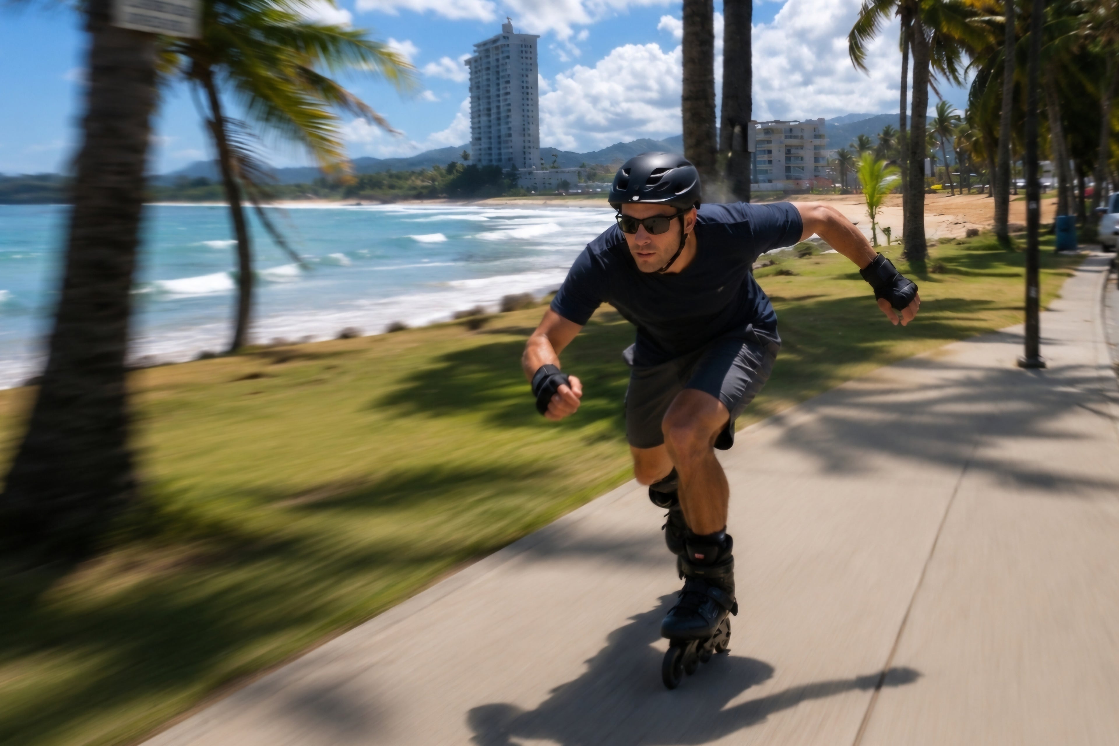 Man rollerblading very fast on a sidewalk by a beach in Luquillo, with palm trees and  buildings in the background.