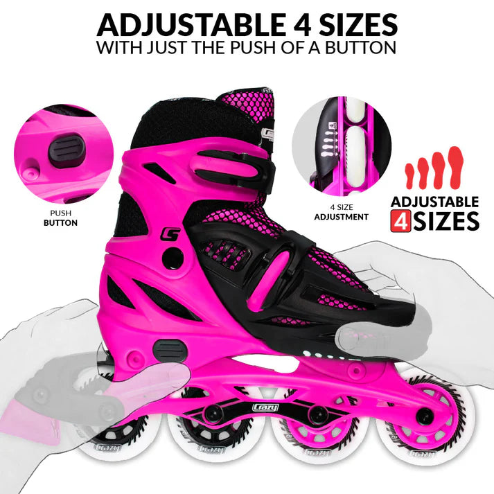 Pink adjustable Crazy Skates-brand inline skate with illustrations of the size adjustment mechanism, and transparent hands showing how to adjust the skate, on a white background. The image is titled "ADJUSTABLE SIZES WITH JUST THE PUSH OF A BUTTON".