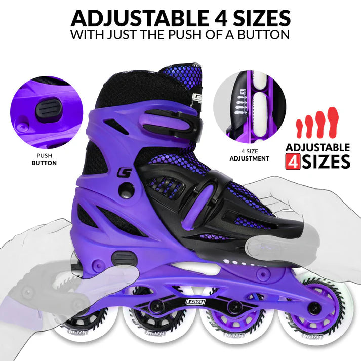 Purple adjustable Crazy Skates-brand inline skate with illustrations of the size adjustment mechanism, and transparent hands showing how to adjust the skate, on a white background. The image is titled "ADJUSTABLE SIZES WITH JUST THE PUSH OF A BUTTON".