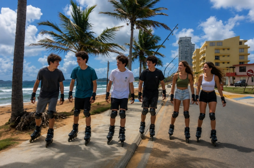 Group of young people rollerblading on a street and its sidewalk, next to the beach in Luquillo, Puerto Rico, with palm trees on the sand and buildings in the background.