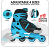 Light-blue adjustable Crazy Skates-brand inline skate with illustrations of the size adjustment mechanism, and transparent hands showing how to adjust the skate, on a white background. The image is titled "ADJUSTABLE SIZES WITH JUST THE PUSH OF A BUTTON".
